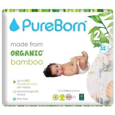 Pureborn Organic Bamboo Size 2 3-6kg 32 Diapers