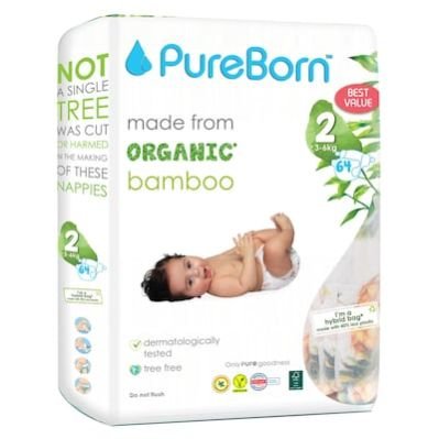 Pureborn Organic Bamboo Size 2 3-6kg 64 Diapers