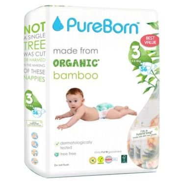 Pureborn Organic Bamboo Size 3 5.5-8kg 56 Diapers