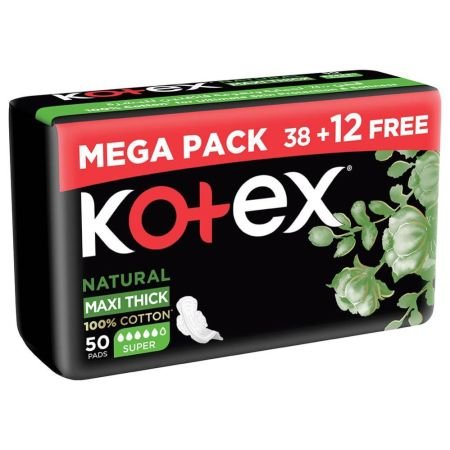Kotex Natural Maxi Protect Thick 100% Cotton Pad With Wings Super Size 50s